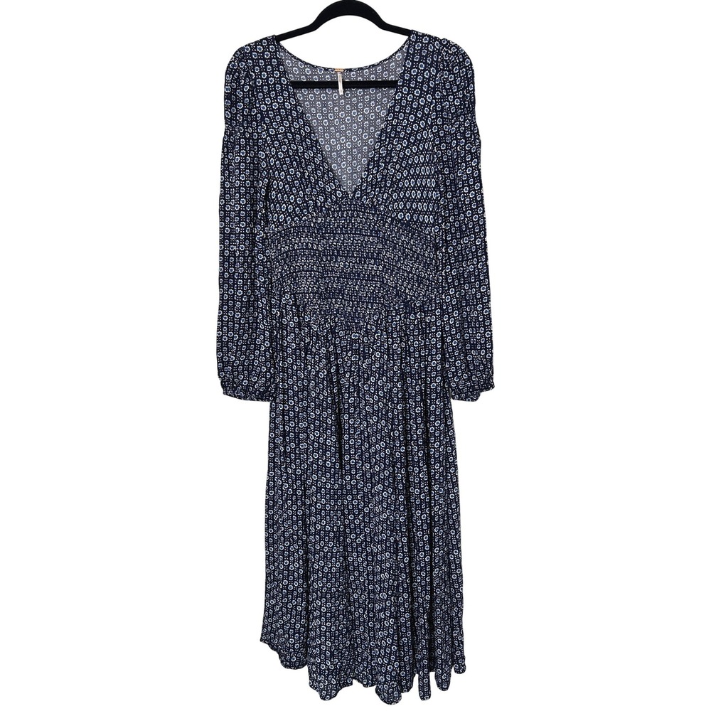 Free People Indigo Child Midi Dress Women S Navy Blue Floral Smocked Waist Boho - Picture 2 of 8
